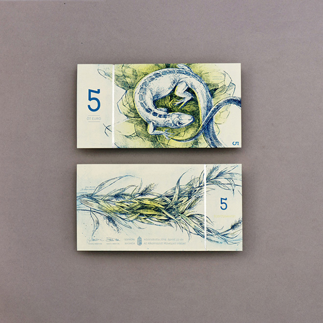 Евровые банкноты и изображением птиц и животных.